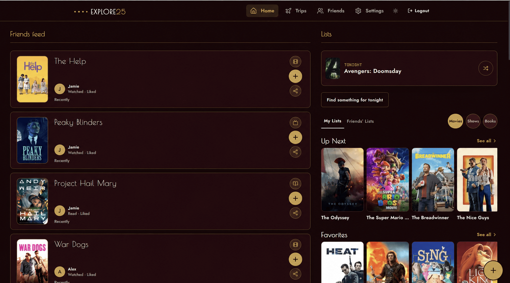 Explore25 dashboard with anonymized friend activity, watchlists, and movie artwork